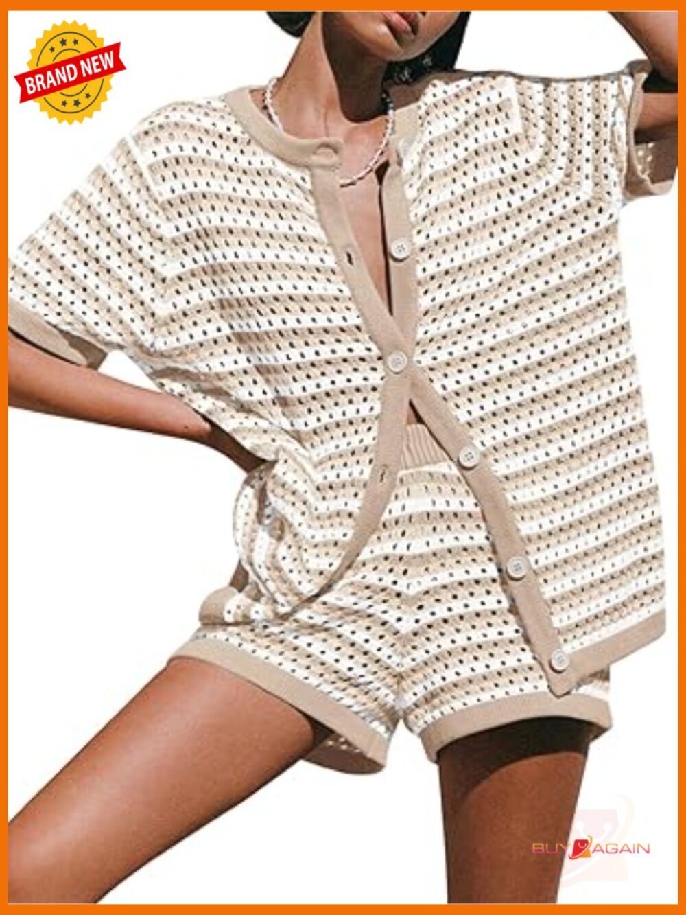 Crochet Knit 2-Piece Short Sleeve Button Down Shirt & Shorts Set Swimsuit